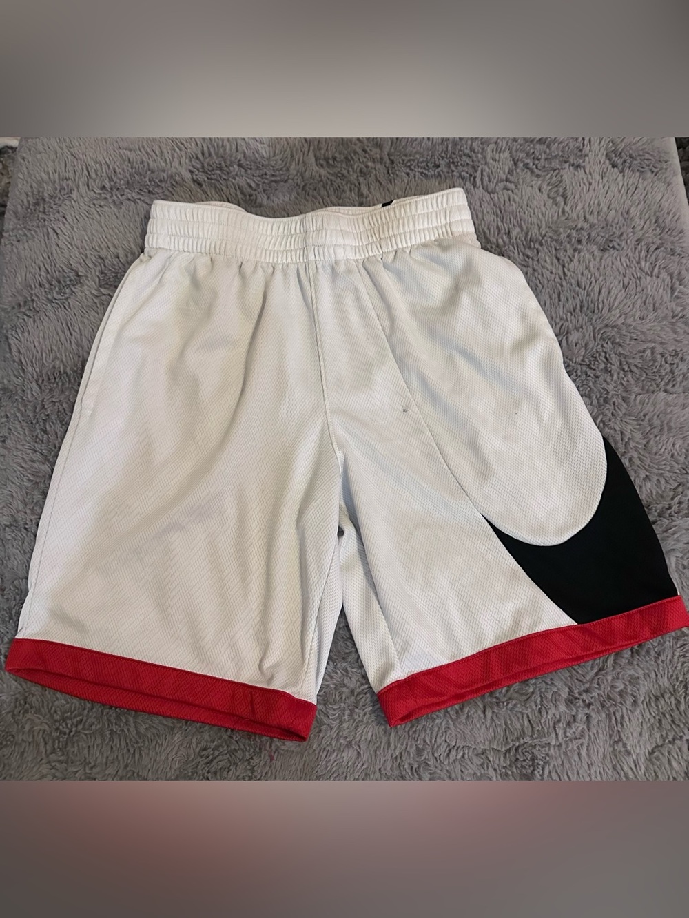 Nike White Kids Athletic Shorts with Red Hem and Black Accent-Boys Large